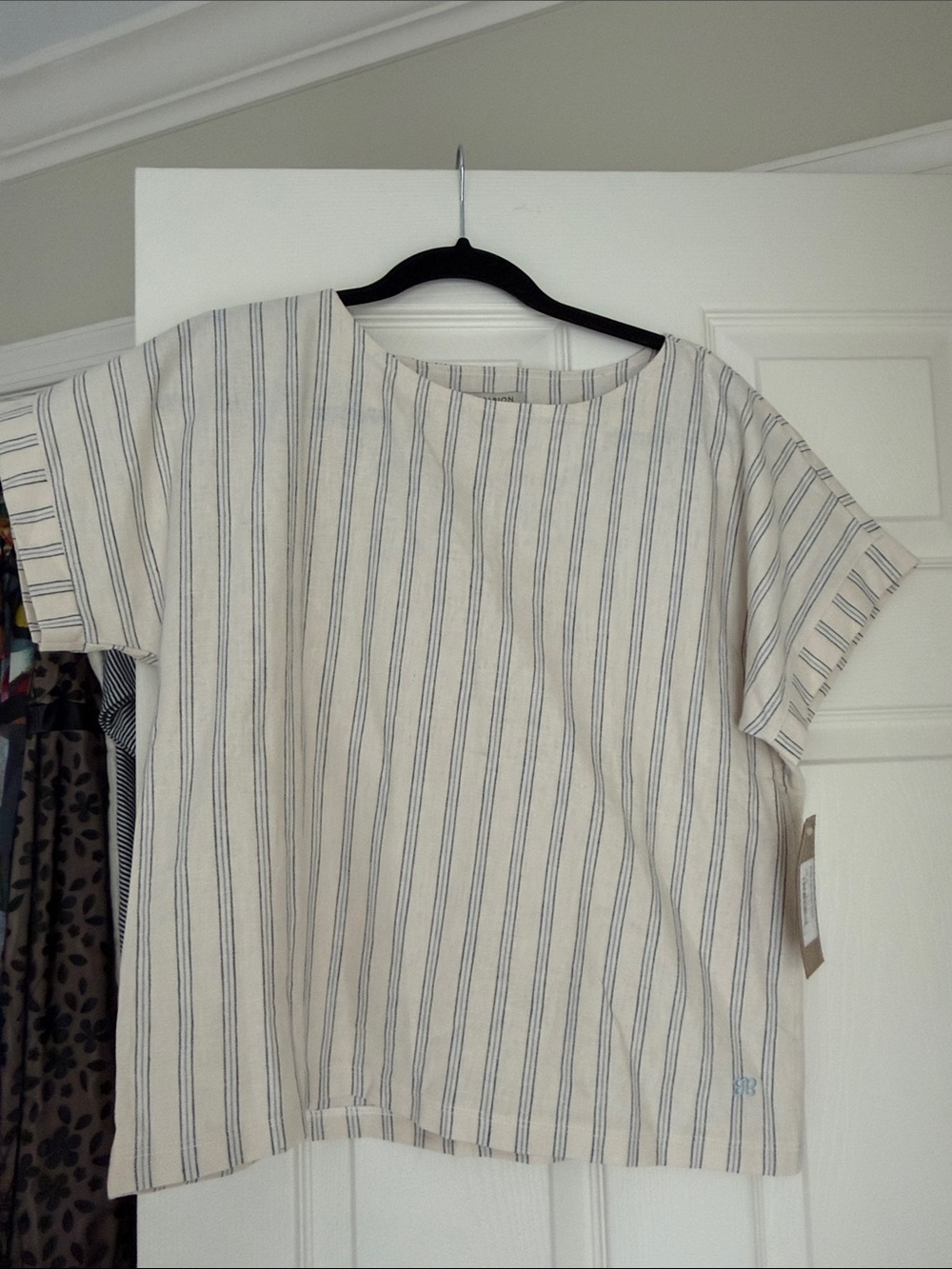 Albion Beige Short-Sleeve Stripe Tee with Blue Pinstripes